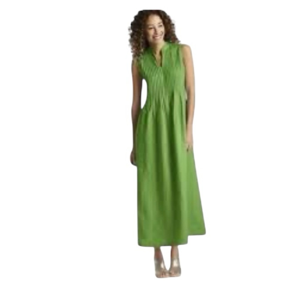 J Jill 100% Linen New Resortwear Pintuck Pleated Maxi Dress XS Apple Green Aline